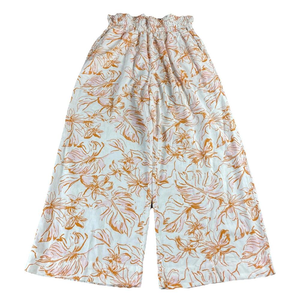Joie Floral Wide Leg Linen Pants Orange Accents Beige Women's Large Boho Beach